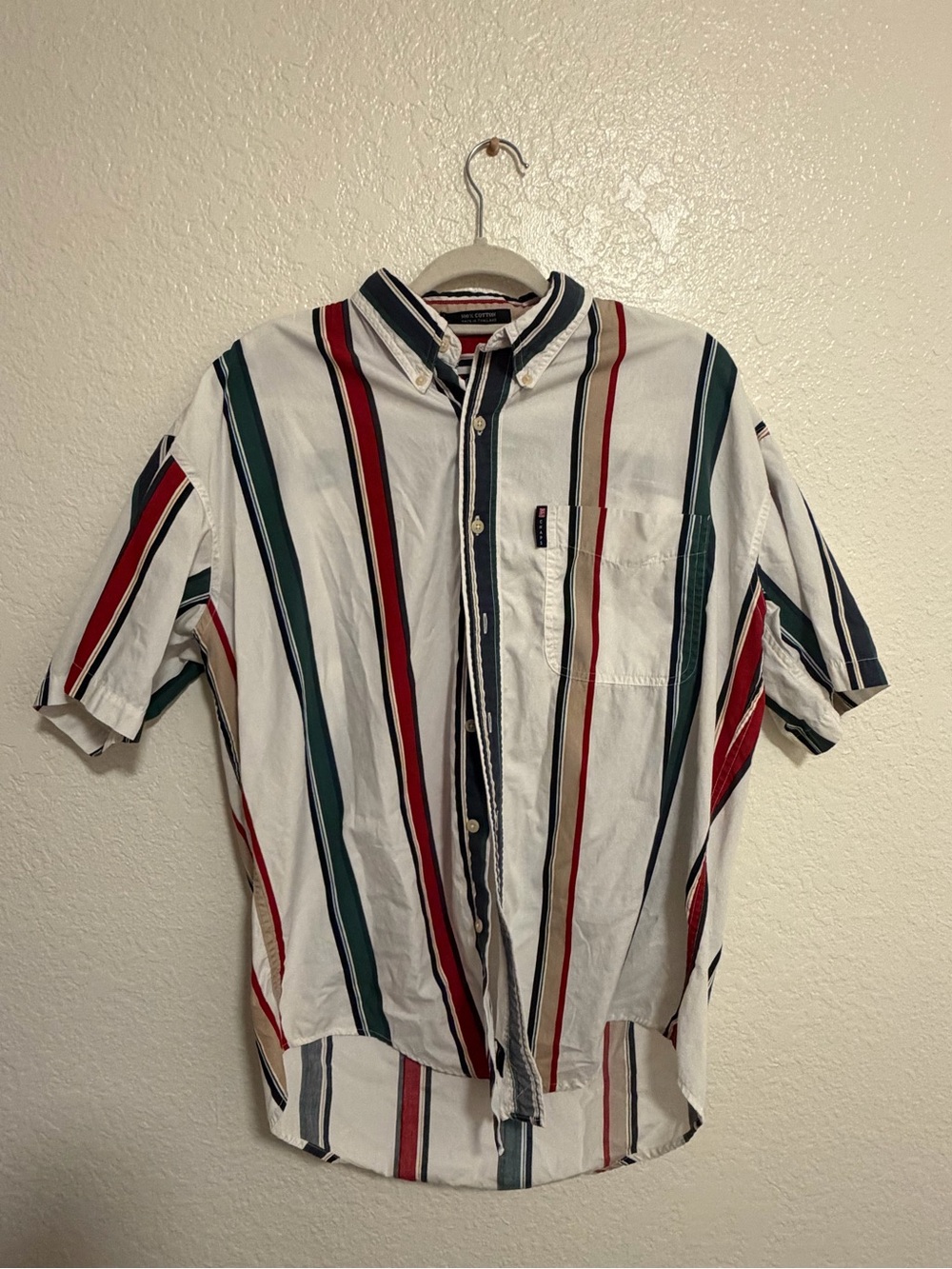 Ralph Lauren Chaps White Short-Sleeve Button-Down with Red, Green & Navy Stripes